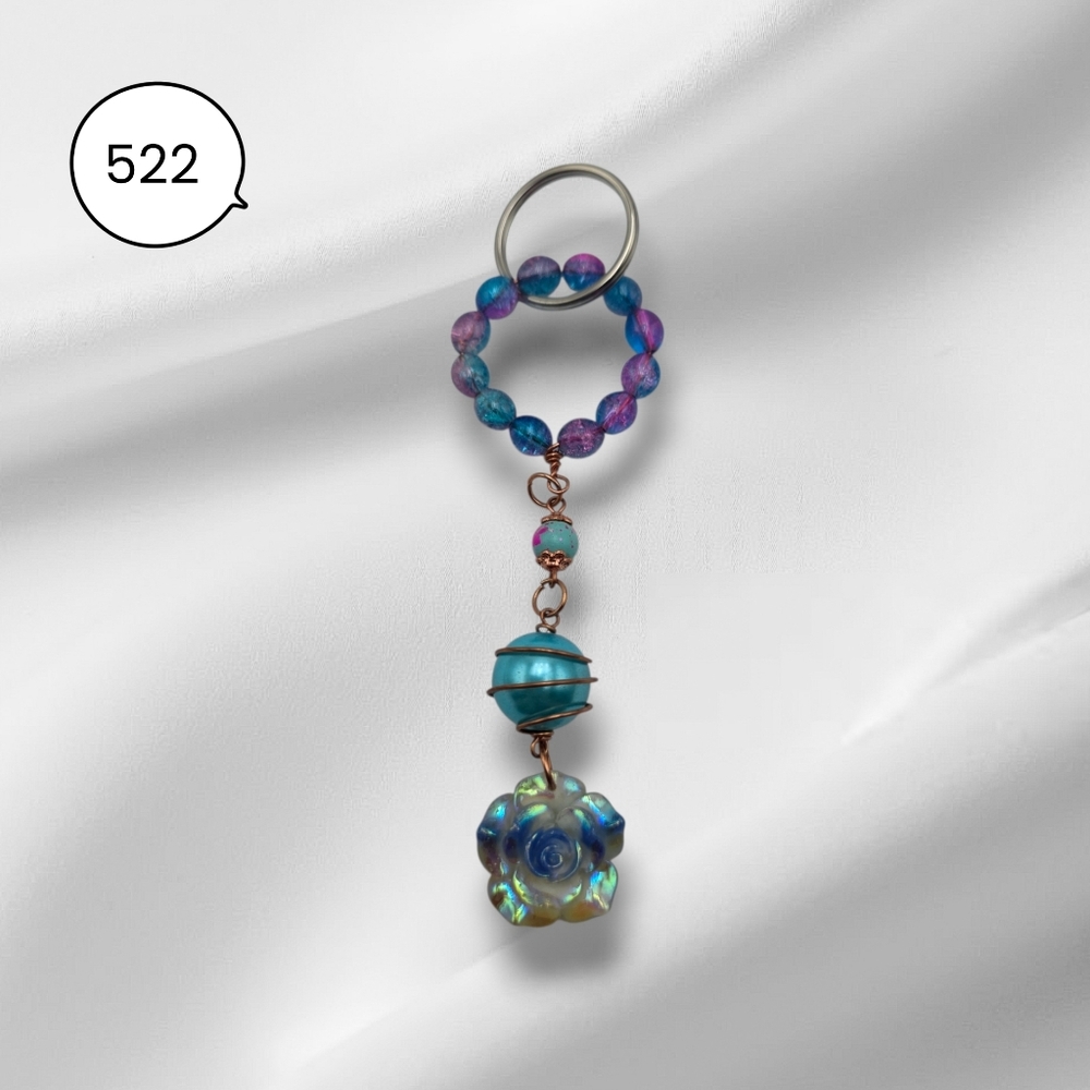 Blue & Purple Beaded Rose Keychain – Handmade Iridescent Charm